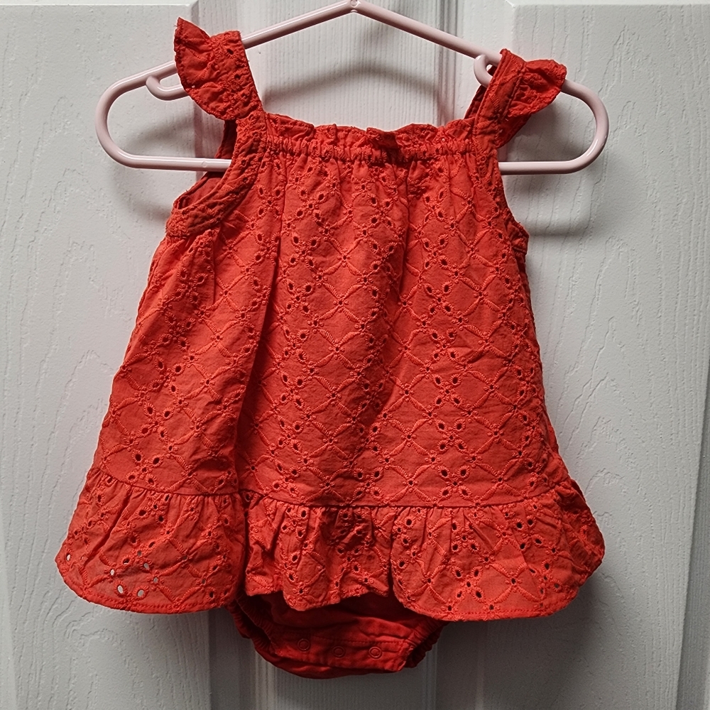 NWT.Baby girl red eyelet onsie dress with matching hat.